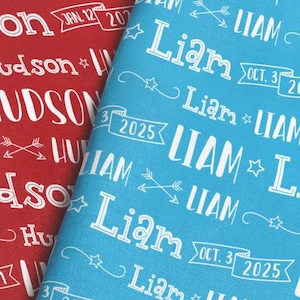 Boys Personalized Fabric – Custom Name and Birthdate – Doodle Stars and Arrows – Choose Color, Material & Size – by the Yard or Fat Quarter