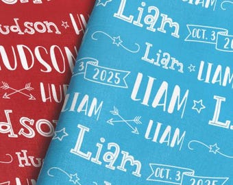 Boys Personalized Fabric – Custom Name and Birthdate – Doodle Stars and Arrows – Choose Color, Material & Size – by the Yard or Fat Quarter