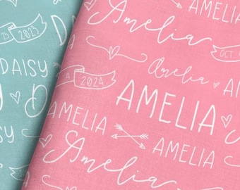 Girls Personalized Fabric – Custom Name and Birthdate – Doodle Heart and Arrows – Choose Color, Material & Size – by the Yard or Fat Quarter