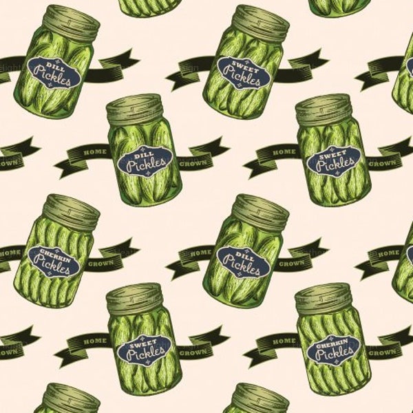 Vintage Pickle Jar Fabric By The Yard / Pickle Fabric / Fun Decor Retro Fabric /Quilting Fabric / Quirky Fabric Print in Yards & Fat Quarter