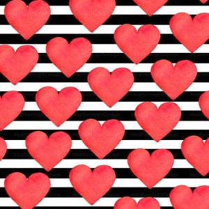 Watercolor Heart Fabric / Valentine's Day Fabric / Black + White Stripes Fabric / Bold Red Love Stripe Heart Print by the Yard & Fat Quarter