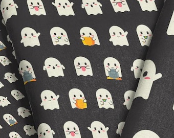 Ghost Emojis Fabric - Charcoal Black - Pumpkin Ghost Halloween Spooky Print by the Yard & Fat Quarter