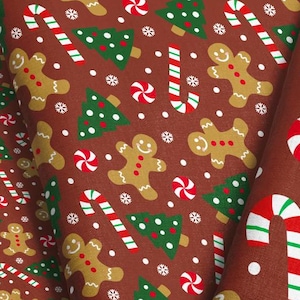 Gingerbread Forest Christmas Fabric – Candy Canes, Trees, Holiday Print by the Yard & Fat Quarter