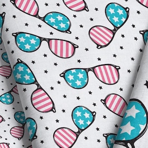 Patriotic Sunglasses Fabric - Ditsy Light / USA Fabric / Glasses Fabric / 4th of July Fabric / American Flag Print By the Yard & Fat Quarter