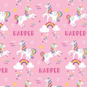 Rainbow Unicorn Personalized Fabric / Girls Name Fabric / Quilting Fabric / Custom Name Fabric /Nursery Kids Print by the Yard & Fat Quarter