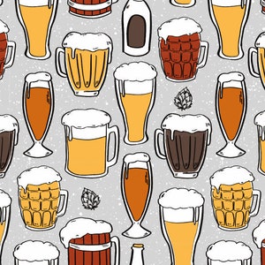 Beer Glass Fabric By The Yard  / Adult Gift Project / Hops and Ale Fabric / Draft Beer Brewery Fabric / Beer Print in Yard & Fat Quarter