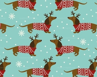 Wiener Dog Christmas Fabric / Dachshund Fabric / Doxie Holiday Fabric / Reindeer Sweater Dog Christmas Fabric by the Yard & Fat Quarter