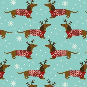 Wiener Dog Christmas Fabric / Dachshund Fabric / Doxie Holiday Fabric / Reindeer Sweater Dog Christmas Fabric by the Yard & Fat Quarter