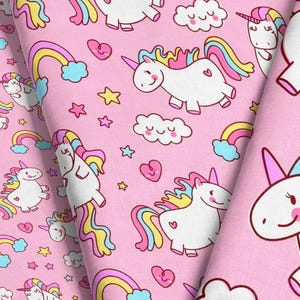 Pink Unicorn Fabric – Magical Kids Chubby Unicorn Print, Rainbow Mane (By The Yard / Fat Quarter)