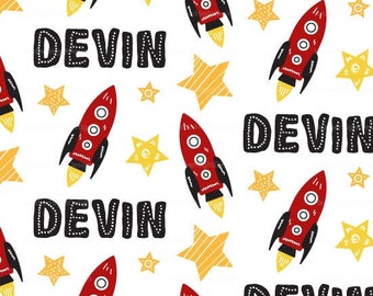 Boys Rocket Personalized Fabric / Rocket and Stars Fabric / Custom Name Fabric / Space Red Nursery Kids Print by the Yard & Fat Quarter