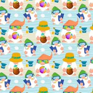 Tecido Beach Gnomes por metro / Tecido Summer Gnome / Tecido Beach Day / Tecido Vacation Gnome Estampa em Metros e Fat Quarter