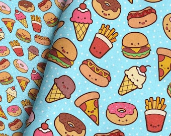 Fast Food Fabric By The Yard / Pizza Ice Cream Donut Burger French Fries Hot Dogs / Kawaii Fabric / Kids Fabric Print in Yard & Fat Quarter
