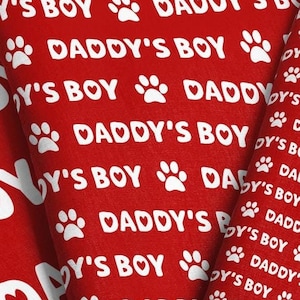 Daddy&#39;s Boy Paw Print Fabric by the Yard / Valentine&#39;s Day Fabric / Red and White Fabric / Cat and Dog Fabric Print in Yardage & Fat Quarter