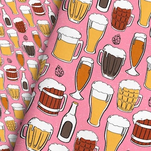 Pink Beer Glass Fabric – Hops Ale Draft Brewery Print by the Yard & Fat Quarter