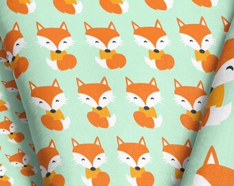 Baby Fox Fabric – Orange Happy Foxes on Light Green Print by the Yard or Fat Quarter
