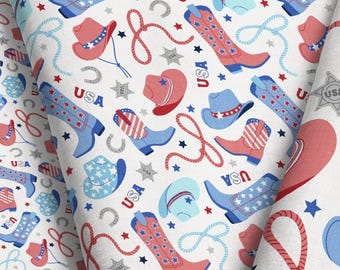 Patriotic Western Fabric – Red White Blue Cowgirl Boots, Hats, Stars (by the Yard & Fat Quarter)