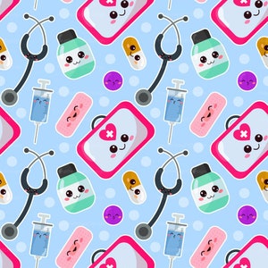 Kawaii Nurse Fabric By The Yard / Cute Medical Fabric / Cartoon Doctor Fabric / EMT Supplies Fabric Print in Yards & Fat Quarter