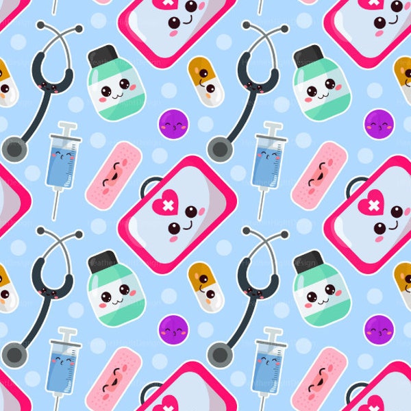 Kawaii Nurse Fabric By The Yard / Cute Medical Fabric / Cartoon Doctor Fabric / EMT Supplies Fabric Print in Yards & Fat Quarter