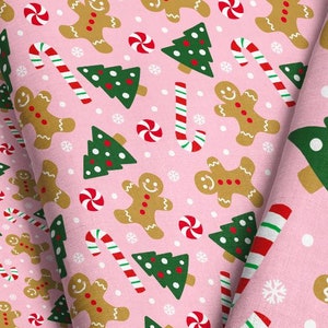 Christmas Gingerbread Fabric - Pink / Christmas holiday fabric print with ginger bread, candy canes, and trees by the Yard & Fat Quarter