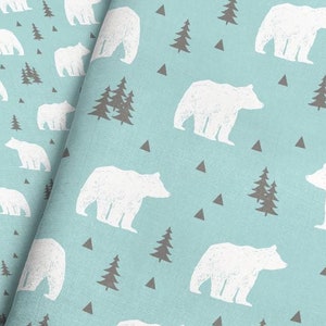Woodland Bear Fabric By The Yard - Winter Cabin Mint Blue and White Polar Bear Print in Yards & Fat Quarter