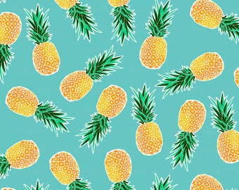 Tropical Pineapple Fabric by the Yard - Turquoise Blue Green / Hawaiian Fabric / Scattered Geometric Pineapple Print in Yard & Fat Quarter