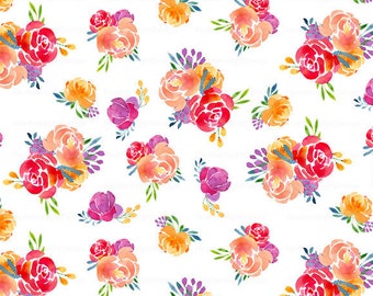 Spring Floral Fabric By The Yard / Watercolor Florals Fabric / Warm Modern Bouquet Fabric / Spring Pop Flower Print in Yards & Fat Quarter