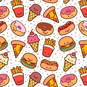 Fast Food Fabric By The Yard / Pizza Ice Cream Donut Burger French Fries Hot Dogs / Kawaii Fabric / Kids Fabric Print in Yard & Fat Quarter