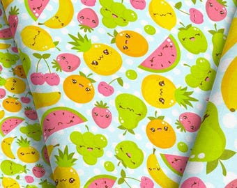 Kawaii Fruit Fabric – Happy Summer Print by the Yard or Fat Quarter | Custom Scale & Material