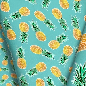 Tropical Pineapple Fabric by the Yard - Turquoise Blue Green / Hawaiian Fabric / Scattered Geometric Pineapple Print in Yard & Fat Quarter