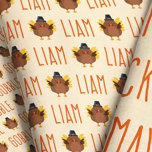 Personalized Thanksgiving Fabric - Cute Custom Name Little Turkey Autumn Fabric by the Yard & Fat Quarter