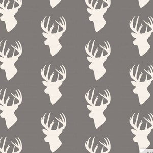 Deer Head Fabric | Elk Fabric Silhouette | Decor Fabric | Nursery Fabric | Winter Gray Woodland Cabin Print by the Yard & Fat Quarter