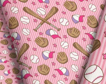 Pink Baseball Things Fabric – American Sports Quilting Cotton, Jersey Knit, Minky, Fleece Print by the Yard & Fat Quarter