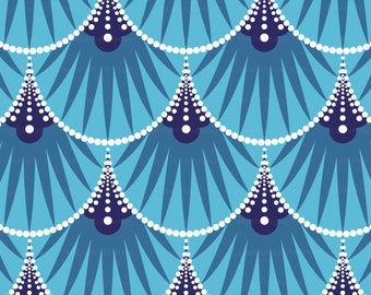 Art Deco Fabric by the Yard / Mermaid Scales Fabric / Geometric Fabric / Scallop Fabric / Pearls Blue Art Deco Print in Yard & Fat Quarter