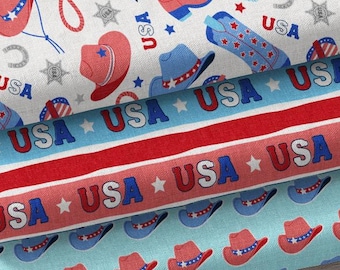 Patriotic Cowboy Fabric Collection - Red White Blue Americana Western Print for Quilting Crafts Apparel