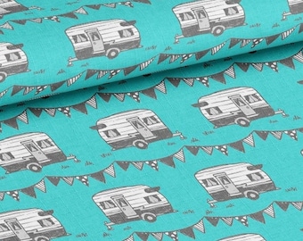 Trailer Adventure Fabric By The Yard / Camper Fabric / Glamping Fabric / Turquoise and Gray Mobile Home Bunting Print in Yard & Fat Quarter
