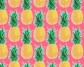 Tropical Pineapple Fabric by the Yard - Pink Geometric Hawaiian Pineapple Print in Yard & Fat Quarter