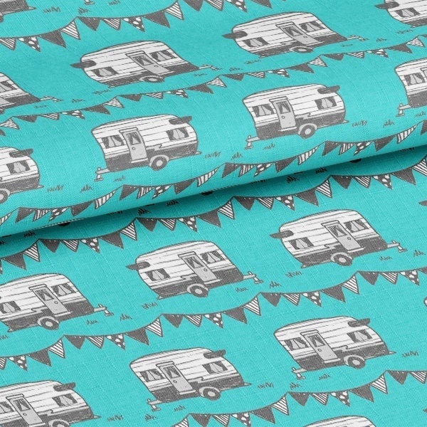Trailer Adventure Fabric By The Yard / Camper Fabric / Glamping Fabric / Turquoise and Gray Mobile Home Bunting Print in Yard & Fat Quarter