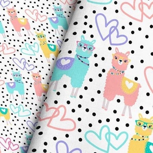 Llama Love Fabric By The Yard / Alpacas Fabric / Nerdy Girl Llama Fabric / Quilting Hearts and Polka Dots Print in Yards & Fat Quarter