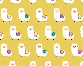 Alpaca Party Fabric By The Yard - Ocre Yellow / Llama Fabric / Alpaca Fabric / Baby Nursery / Whimsical Fabric Print in Yards & Fat Quarter