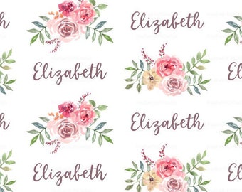 Watercolor Floral Personalized Fabric / Custom Name Fabric / Baby Girls Name Fabric / Dusty Rose Fabric Print by the Yard & Fat Quarter