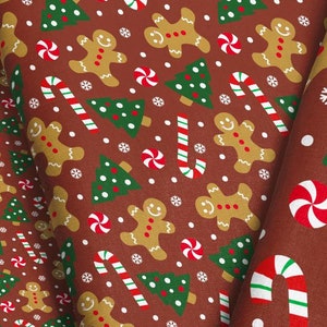 Christmas Gingerbread Fabric - Red Brown /Christmas holiday fabric print with ginger bread, candy canes, and trees by the Yard & Fat Quarter