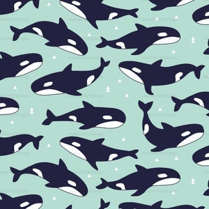 Killer Whale Fabric - Mint Blue // Boy Fabric / Ocean Fabric / Quilting Fabric Knit Cotton / Modern Orca Fabric by the Yard & Fat Quarter