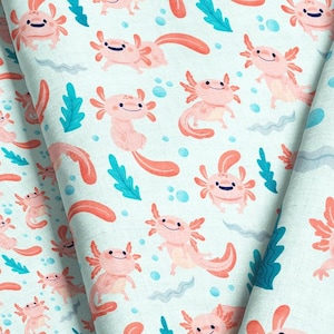 Watercolor Axolotl Fabric - Pink Amphibian Print by the Yard & Fat Quarter