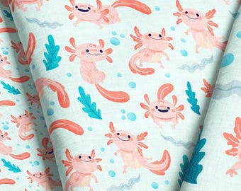 Watercolor Axolotl Fabric - Pink Amphibian Print by the Yard & Fat Quarter