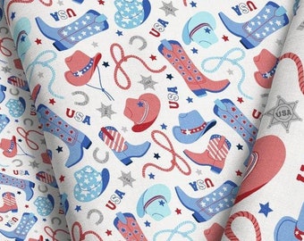 Patriotic Cowgirl Fabric by the Yard - USA Western Theme in Red, White, and Blue for Fourth of July Quilting, Crafts, Apparel, Home Decor