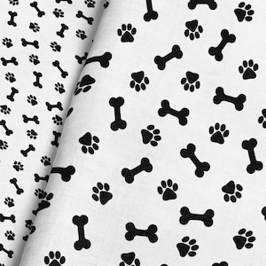 Black and White Dog Bone and Paw Print Fabric – Cute Puppy Pattern, Pet Lover Cotton, Dog-Themed Fabric by the Yard & Fat Quarter