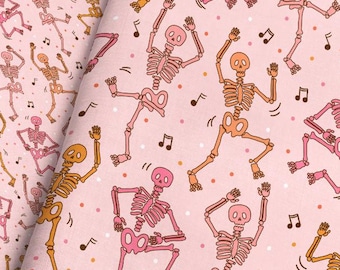 Tissu rose avec des squelettes dansants - Impression de musique boogie party d'Halloween rétro par mètre et Fat Quarter