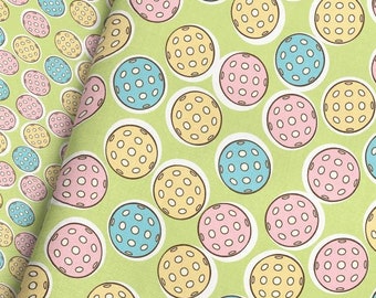 Pickleball Fabric - Cute Pastel Balls on Light Green - Playful Quilting Cotton, Jersey Knit, Minky, Fleece Fabric by the Yard & Fat Quarter
