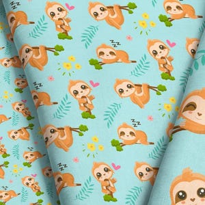 Lovable Sloth Fabric – Floral Lazy Animal Children's Print by the Yard & Fat Quarter