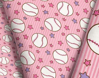 Pink Baseball Fabric – Pinstripe Girls American Sports Print by the Yard & Fat Quarter